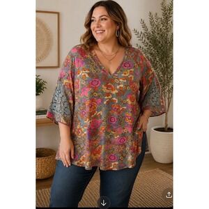 BloomChic Women Plus Size 26 Retro Floral V-Neck Tunic Crochet Lace Sleeve Top